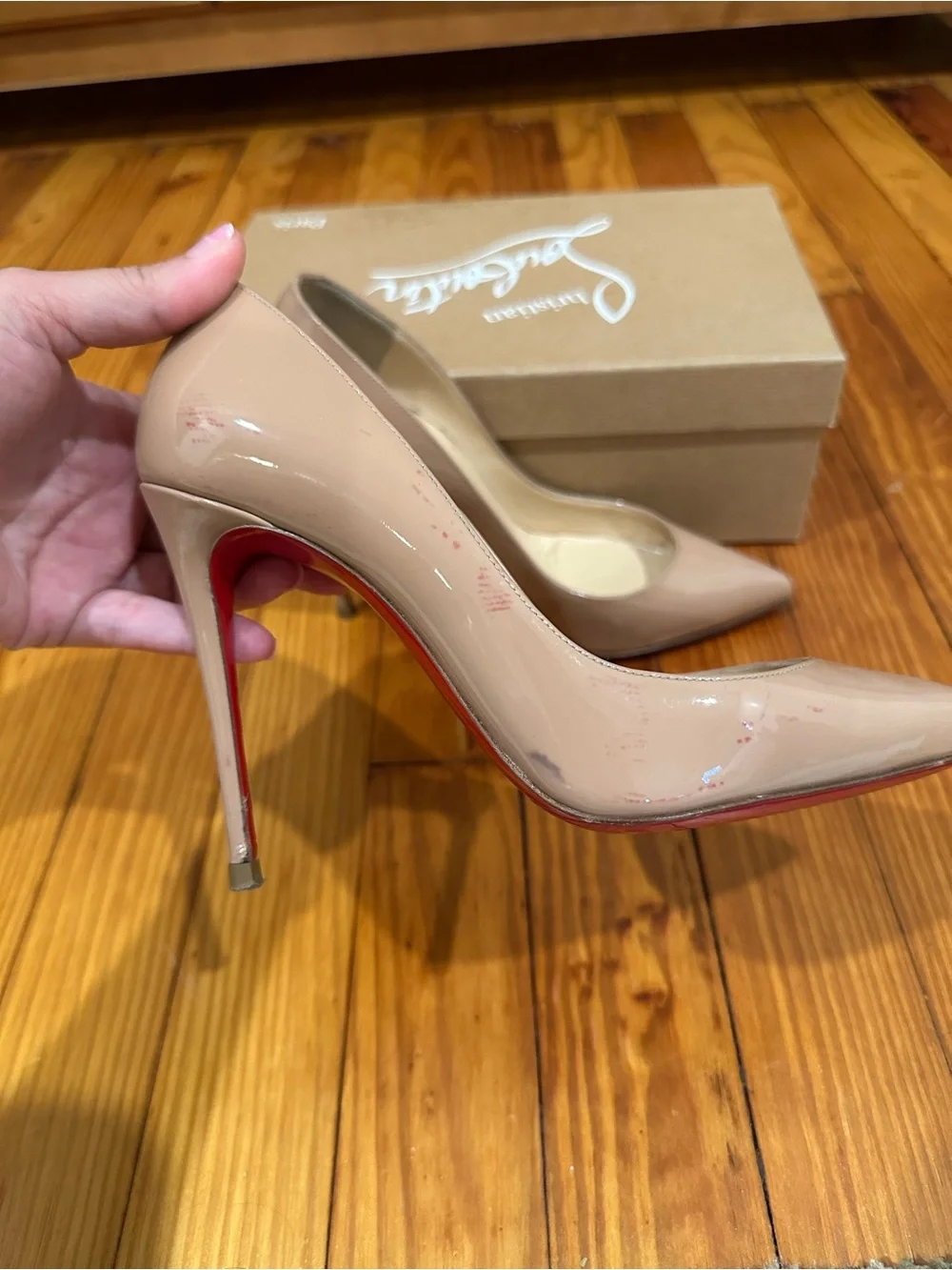 Christian Louboutin Nude Patent Pigalle Follies Pointed Toe Pumps